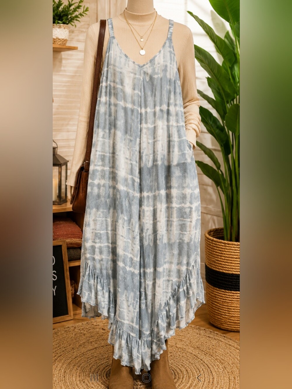 Japna Blue and White Tie-Dye Wide Leg Jumpsuit with Ruffle Hem